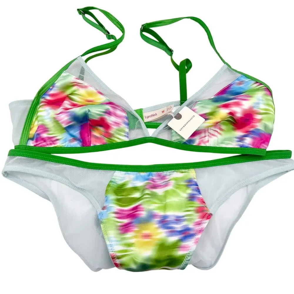 Anthropologie LyreBird Lingerie Set M NWT Green Patt Watercolor Mesh Bra Panty